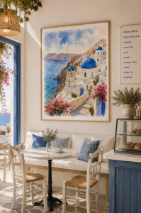 Plakat, Grecja Santorini - akwarela 4rooms