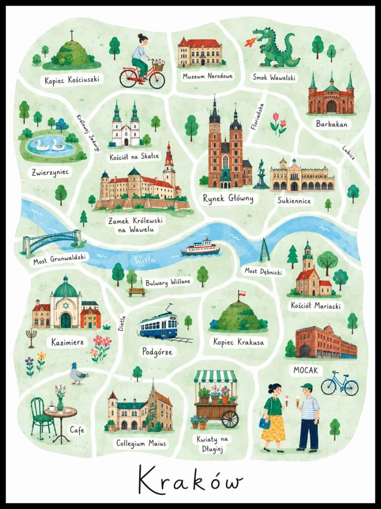Plakat, Kraków mapa ilustrycyjna
