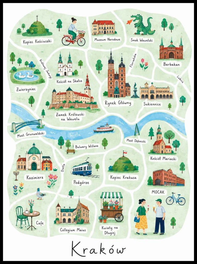 Plakat, Kraków mapa ilustrycyjna