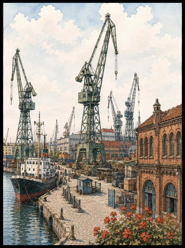 Plakat, Stocznia w Gdańsku - dźwigi ilustracja