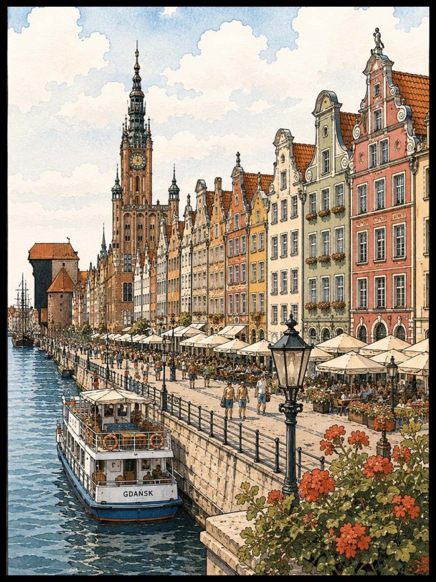 Plakat, Promenada w Gdańsku nad Motławą ilustracja