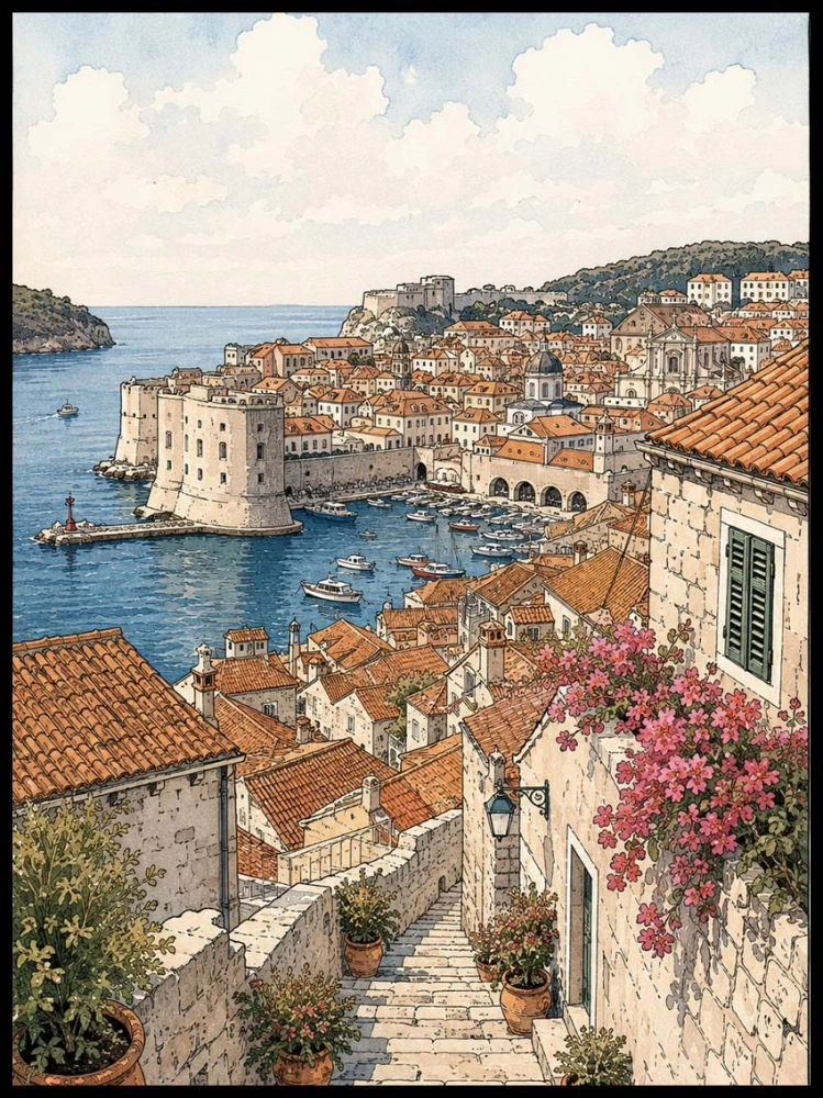 Plakat, Chorwacja- widok na plażę - ilustracja