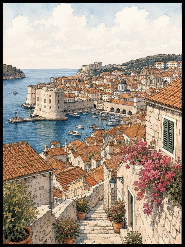 Plakat, Chorwacja- widok na plażę - ilustracja