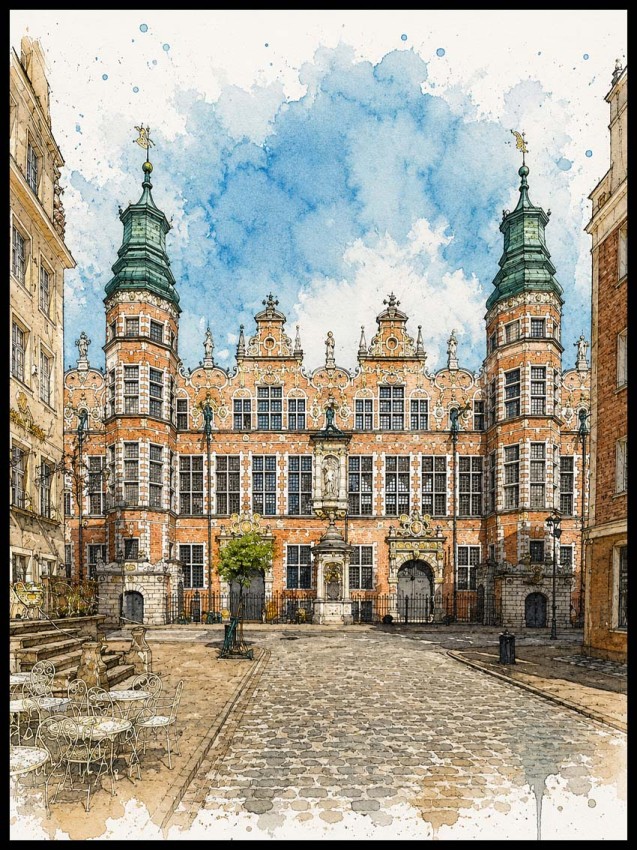Plakat Gdańsk Zbrojownia widok z ulicy Piwnej - akwarelowa grafika