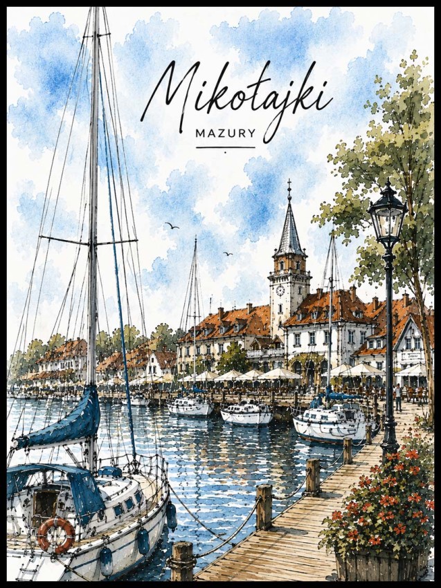 Plakat, Mazury - Polskie miasto Mikołajki rysunek