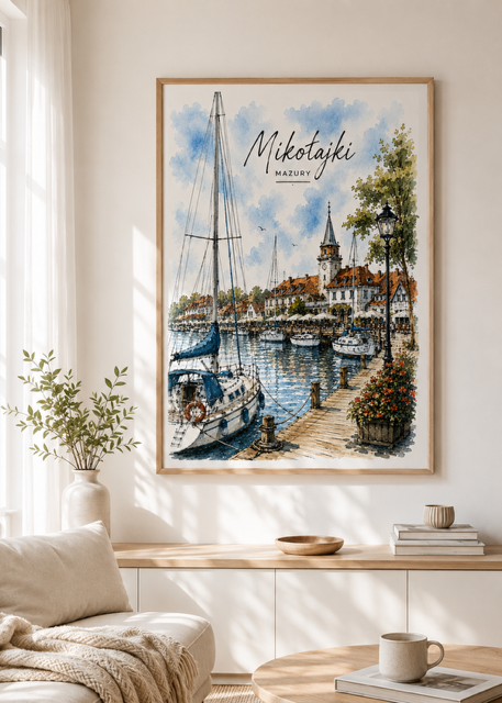 Plakat, Mazury - Polskie miasto Mikołajki rysunek
