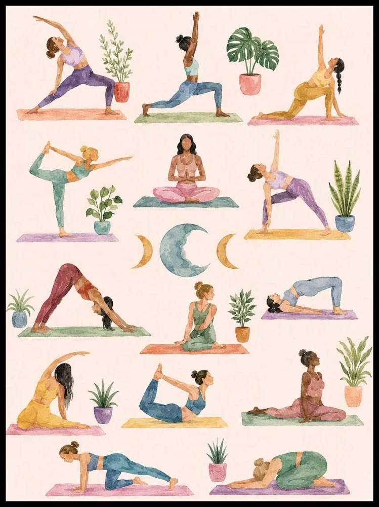 Plakat, Joga - pozycje do ćwiczeń ilustracja