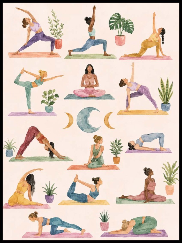 Plakat, Joga - pozycje do ćwiczeń ilustracja