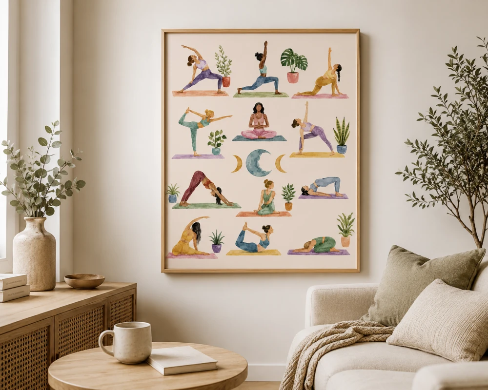 Plakat, Joga - pozycje do ćwiczeń ilustracja