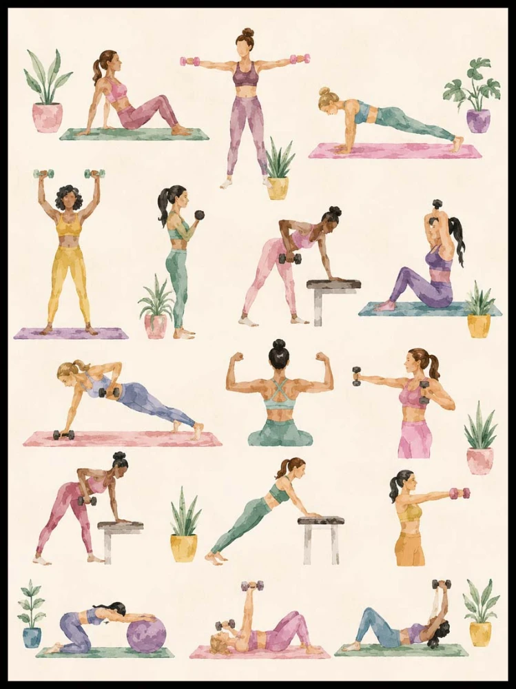 Akwarelowy plakat fitness dla kobiet z ilustracjami różnych ćwiczeń – 4rooms