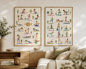 Akwarelowy plakat fitness dla kobiet z ilustracjami różnych ćwiczeń – 4rooms