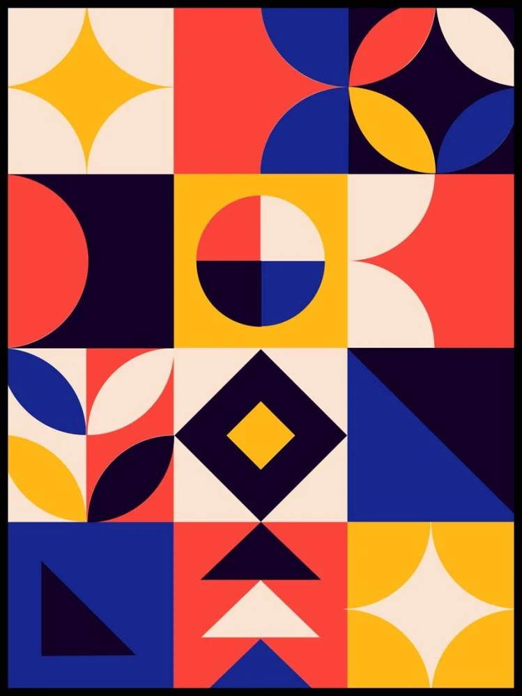 Kolorowy plakat geometryczny 4rooms z abstrakcyjnym wzorem. Nowoczesna dekoracja ścienna w stylu retro i mid-century do salonu, sypialni lub biura.