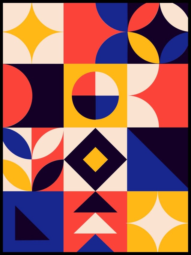 Kolorowy plakat geometryczny 4rooms z abstrakcyjnym wzorem. Nowoczesna dekoracja ścienna w stylu retro i mid-century do salonu, sypialni lub biura.