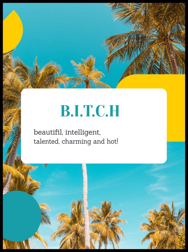 Kolorowy plakat B.I.T.C.H. 4rooms z palmami, turkusowym niebem i napisem Girl Power