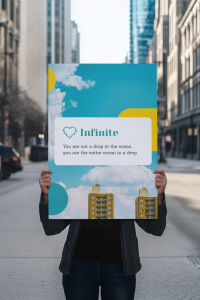 Plakat Infinite 4rooms z motywacyjnym cytatem, turkusowym niebem, chmurami i miejską architekturą