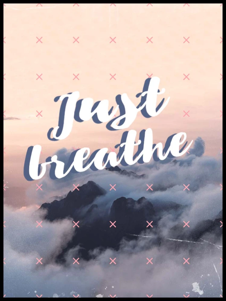 Plakat Just Breathe 4rooms z górskim krajobrazem, chmurami i motywacyjnym napisem