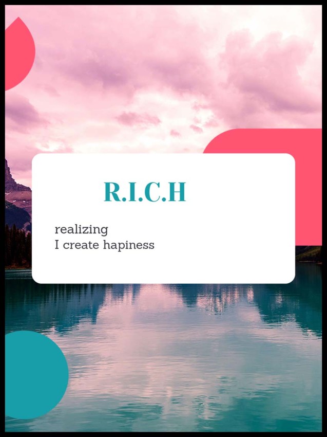 Plakat R.I.C.H „realizing I create happiness” z górskim jeziorem, różowym niebem i turkusowo-różowymi elementami graficznymi