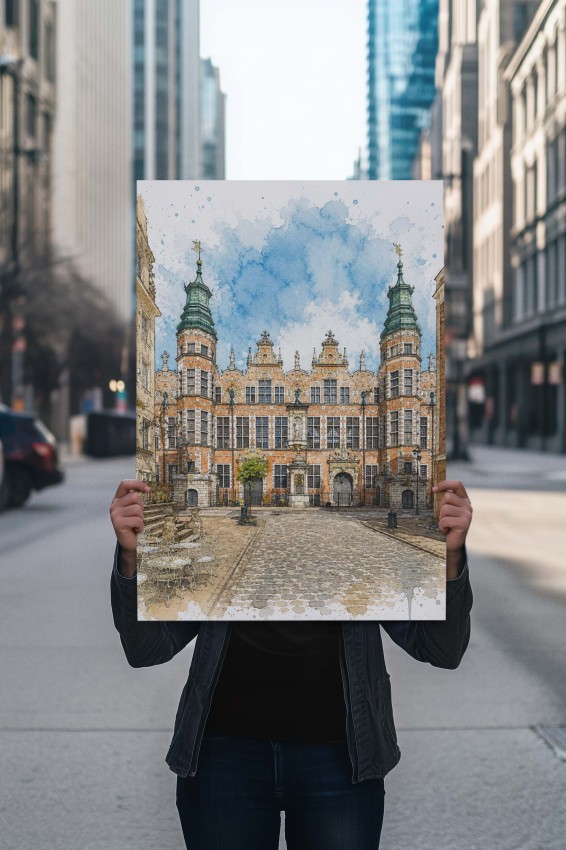 Plakat Gdańsk Zbrojownia widok z ulicy Piwnej - akwarelowa grafika