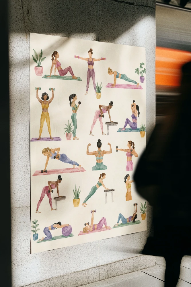 Akwarelowy plakat fitness dla kobiet z ilustracjami różnych ćwiczeń – 4rooms