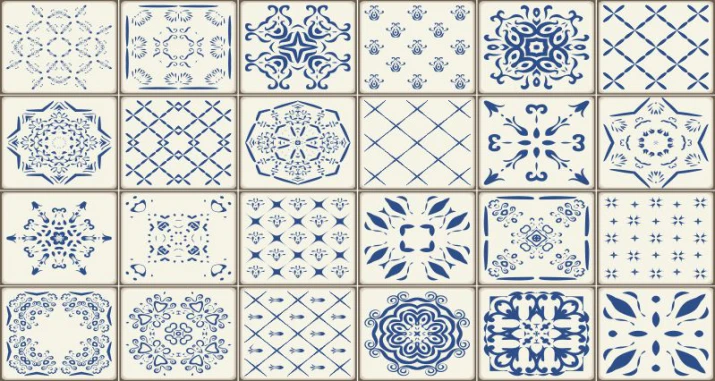 Winylowa naklejka na podłogę z dziewięcioma niebieskimi ornamentami na jasnych kaflach w stylu portugalskim