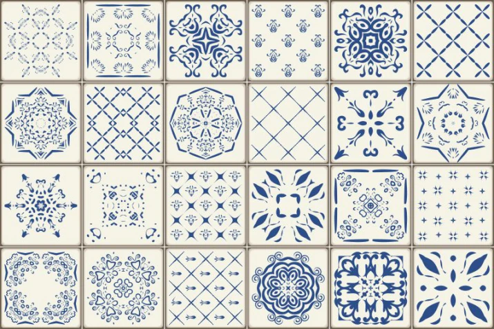 Winylowa naklejka na podłogę z dziewięcioma niebieskimi ornamentami na jasnych kaflach w stylu portugalskim
