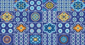 Winylowa naklejka na podłogę z dziewięcioma wzorami niebieskich i granatowych kafli z kolorowymi orientalnymi ornamentami