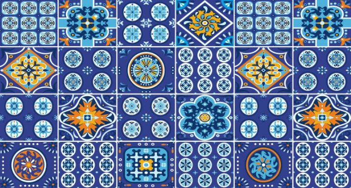 Winylowa naklejka na podłogę z dziewięcioma wzorami niebieskich i granatowych kafli z kolorowymi orientalnymi ornamentami