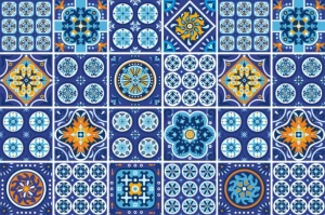 Winylowa naklejka na podłogę z dziewięcioma wzorami niebieskich i granatowych kafli z kolorowymi orientalnymi ornamentami