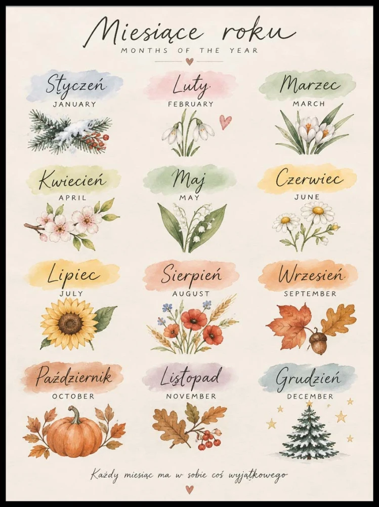 Plakat Edukacyjny MIESIĄCE - Plakaty Na Ścianę Dla Dzieci MONTESSORI