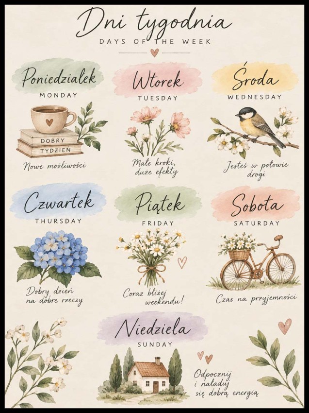 Plakat Edukacyjny DNI TYGODNIA - Plakaty Na Ścianę Dla Dzieci MONTESSORI