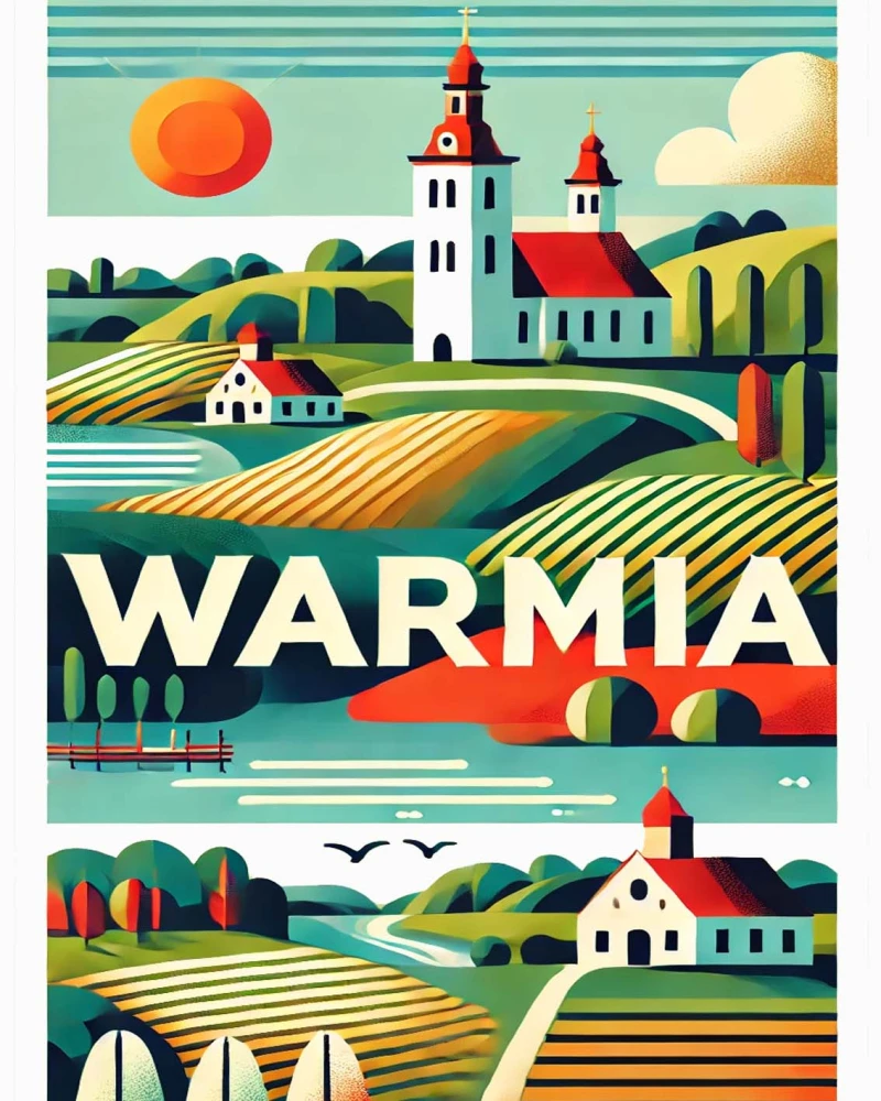 Obraz na płótnie Warmia w stylu retro przedstawiający jeziora, bociany, pola, tradycyjny dom i architekturę regionu oraz pionowy napis WARMIA.