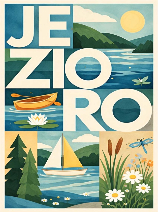 Obraz z jeziorem na płótnie z żaglówką, łódką, lasem i kwiatami. Kolorowa grafika retro inspirowana naturą i wypoczynkiem nad wodą.