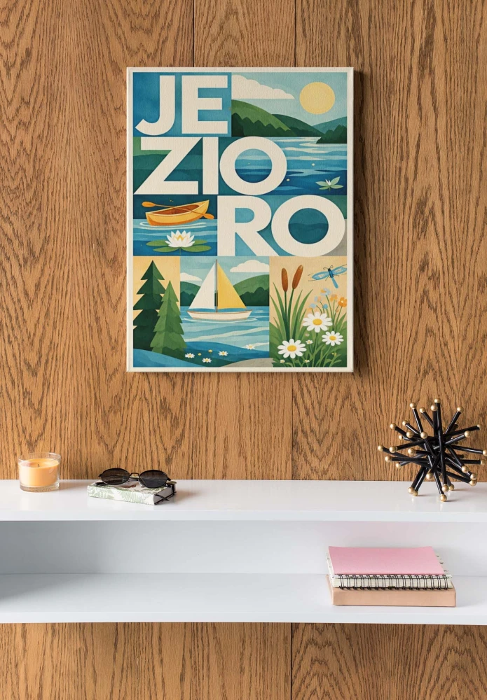 Obraz z jeziorem na płótnie z żaglówką, łódką, lasem i kwiatami. Kolorowa grafika retro inspirowana naturą i wypoczynkiem nad wodą.
