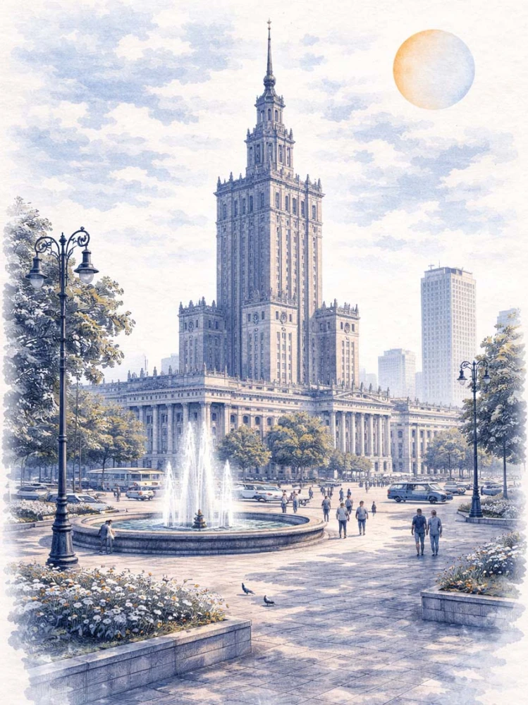 Obraz na płótnie, Warszawa Pałac Kultury i Nauki - akwarela niebieska