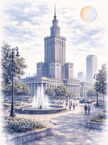 Obraz na płótnie, Warszawa Pałac Kultury i Nauki - akwarela niebieska