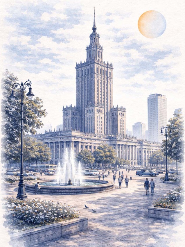 Obraz na płótnie, Warszawa Pałac Kultury i Nauki - akwarela niebieska