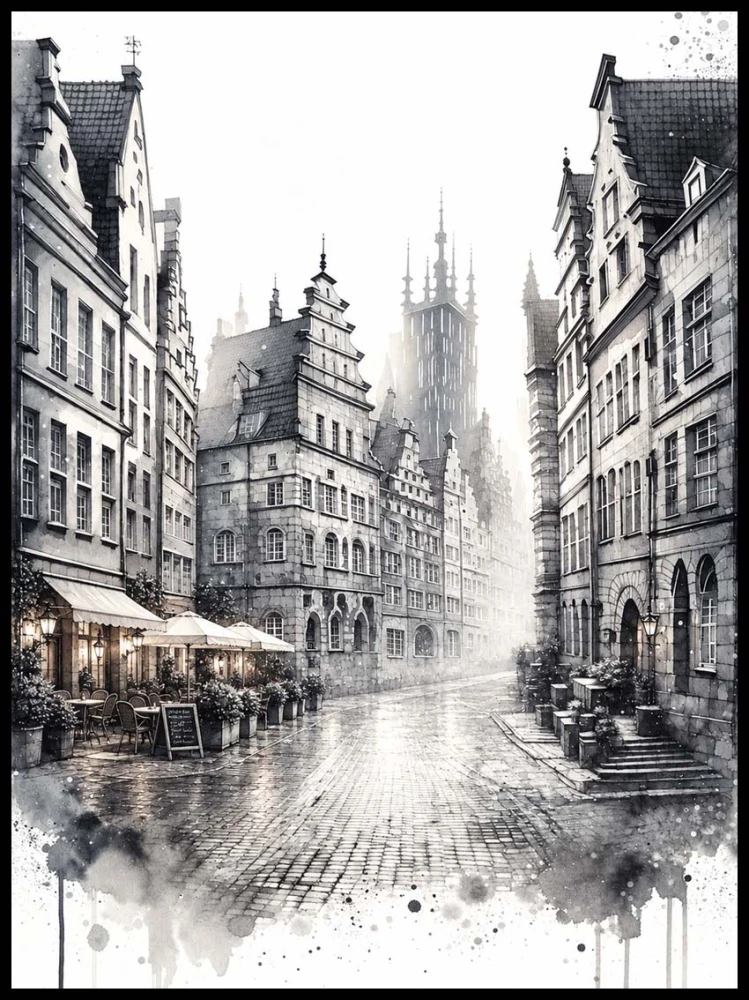 Plakat, Gdańsk stare miasto w szarościach - akwarela