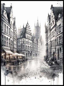 Plakat, Gdańsk stare miasto w szarościach - akwarela