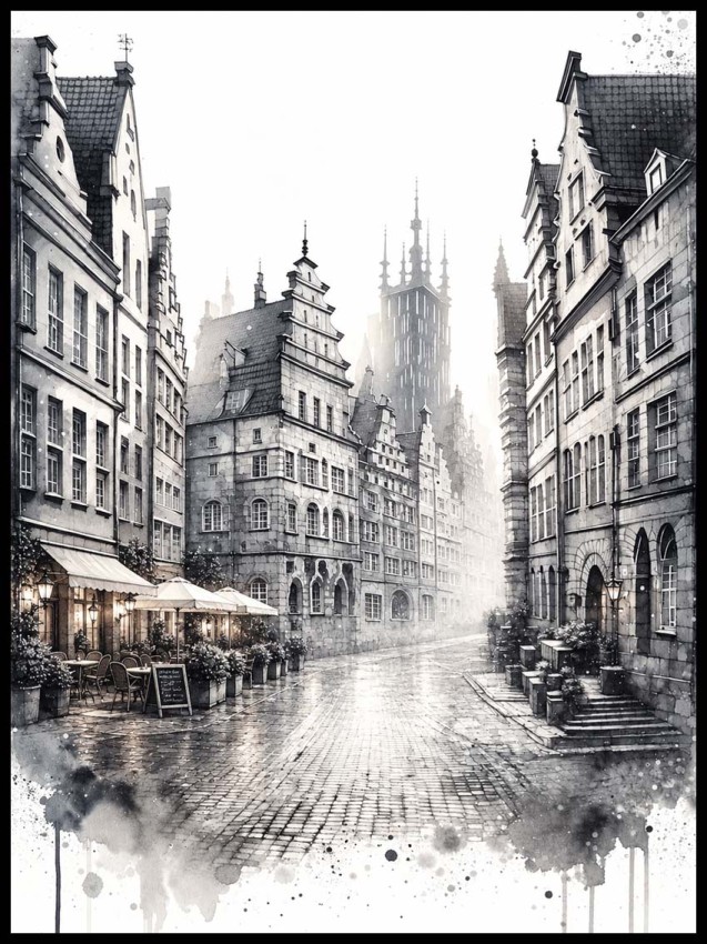 Plakat, Gdańsk stare miasto w szarościach - akwarela