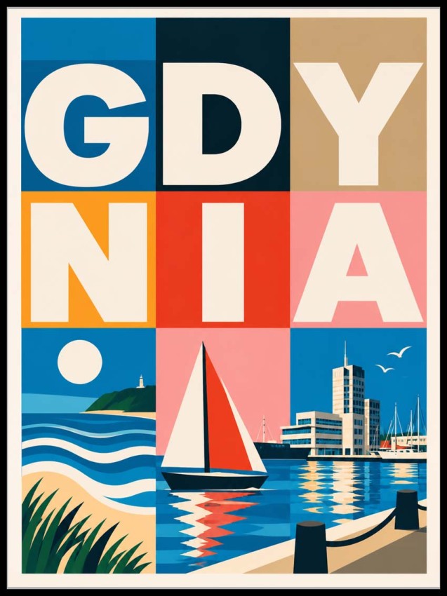 Plakat, Gdynia retro z napisem kolorowa