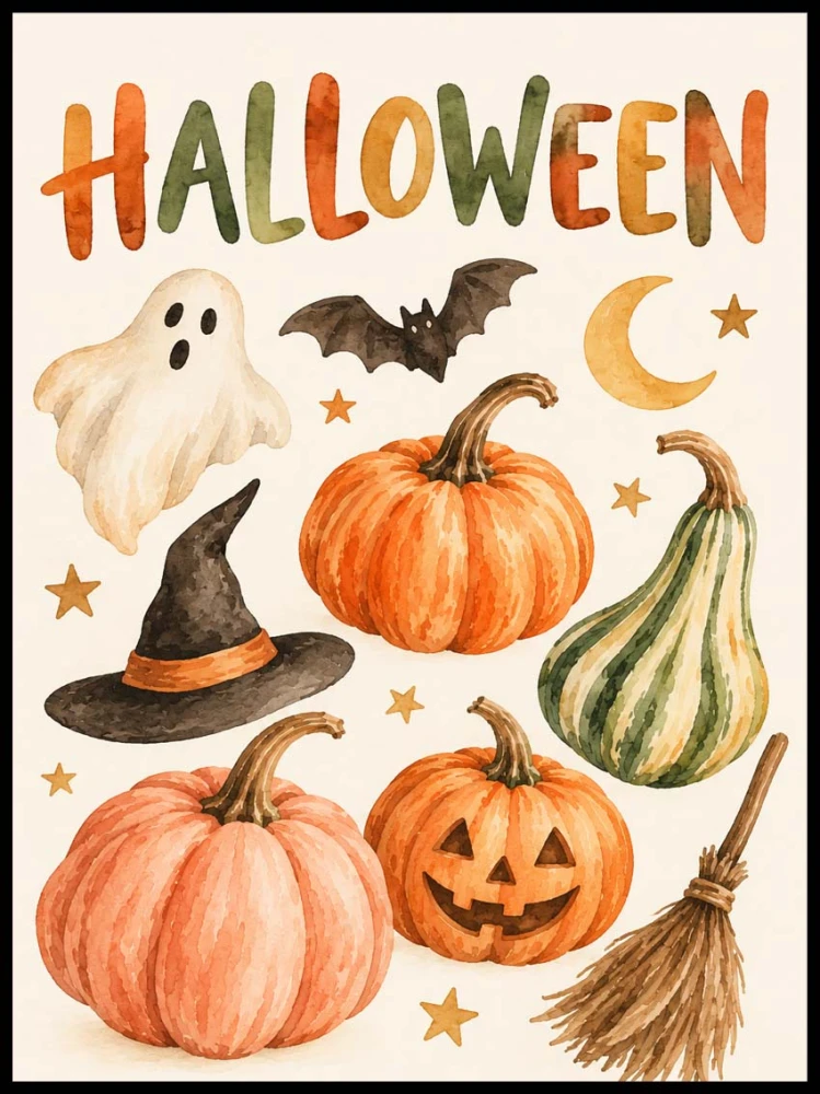 Plakat Halloween – akwarelowe dynie, duszek i nietoperz
