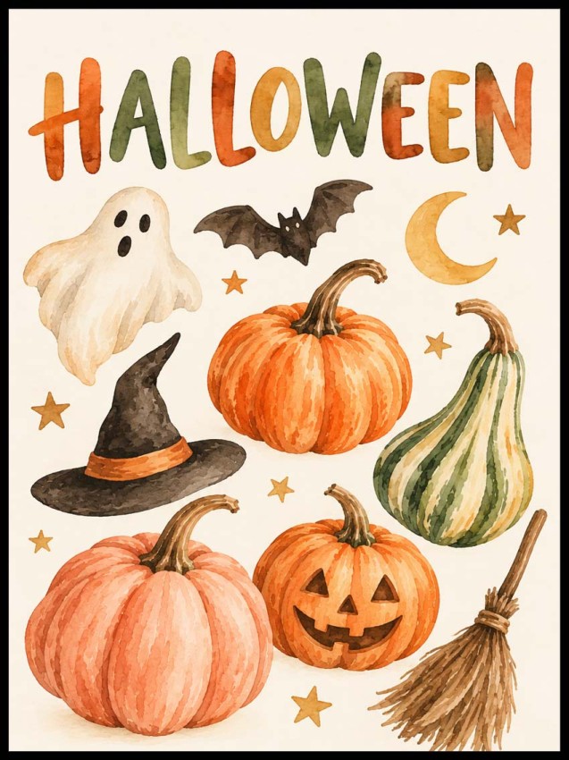 Plakat Halloween – akwarelowe dynie, duszek i nietoperz