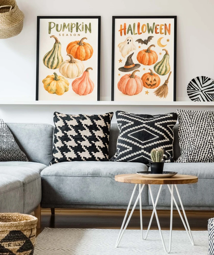 Plakat Halloween – akwarelowe dynie, duszek i nietoperz