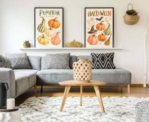 Plakat Halloween – akwarelowe dynie, duszek i nietoperz