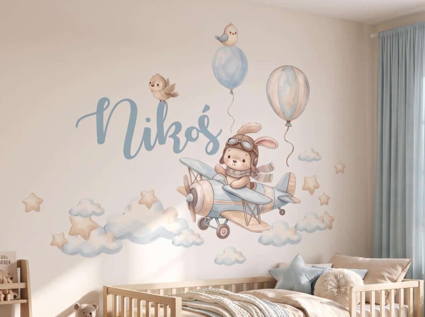 Naklejki ścienne z imieniem dziecka do pokoju niemowlaka – króliczek lotnik w samolocie, chmurki, balony i gwiazdki